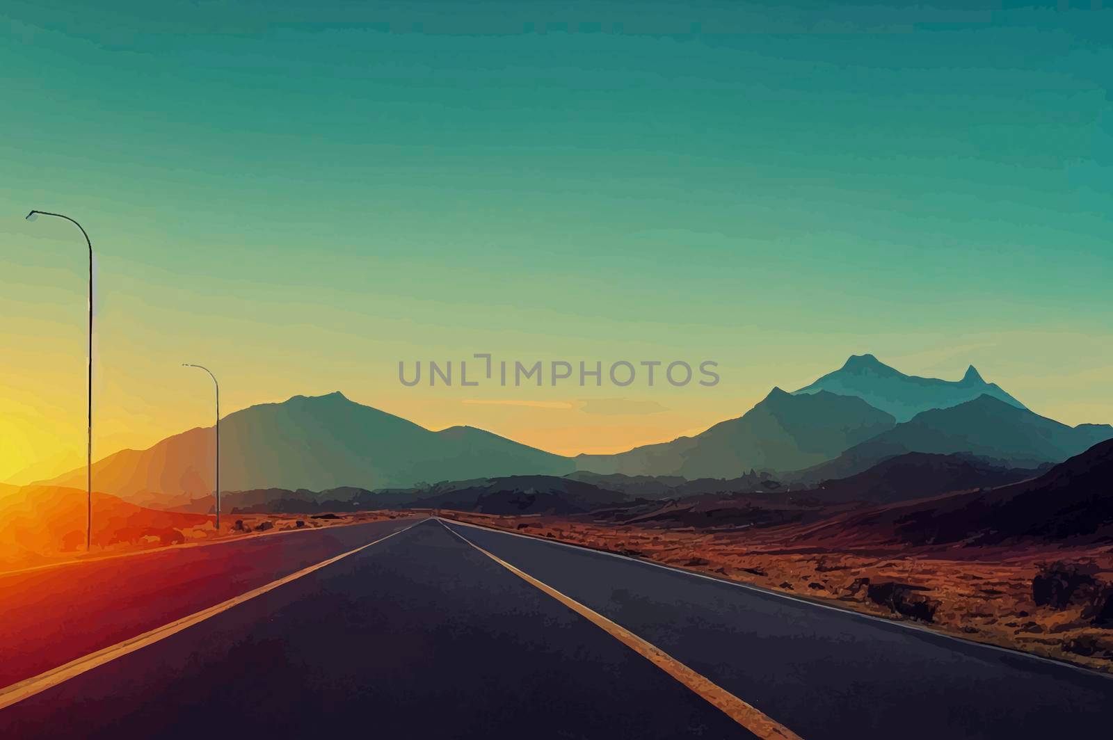 road route with mountains in front and sunset in background. road illustration. road wallpaper by JpRamos