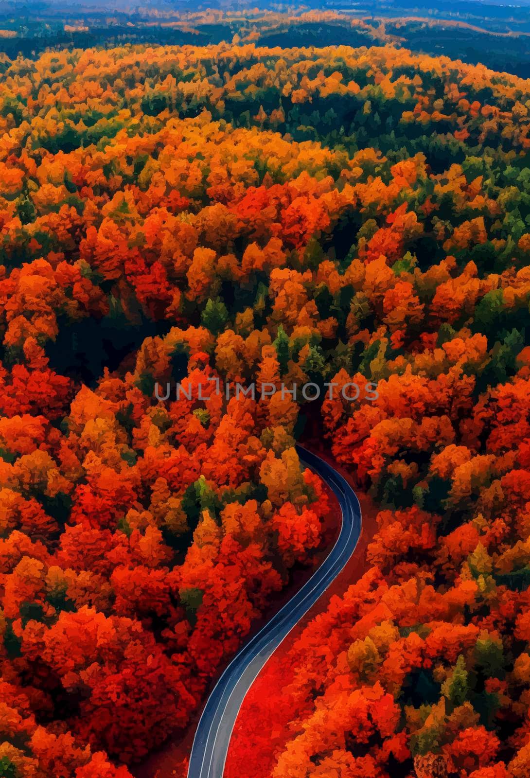 Aerial view of the road in the colorful forest at sunset in autumn. Top view from drone of mountain road in forests by JpRamos