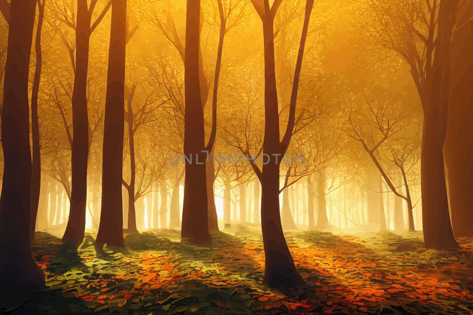 Magical autumn forest with sun rays in the evening. Trees in fog. Colorful landscape with foggy forest, gold sunlight, orange foliage at sunset. Fairy forest in autumn