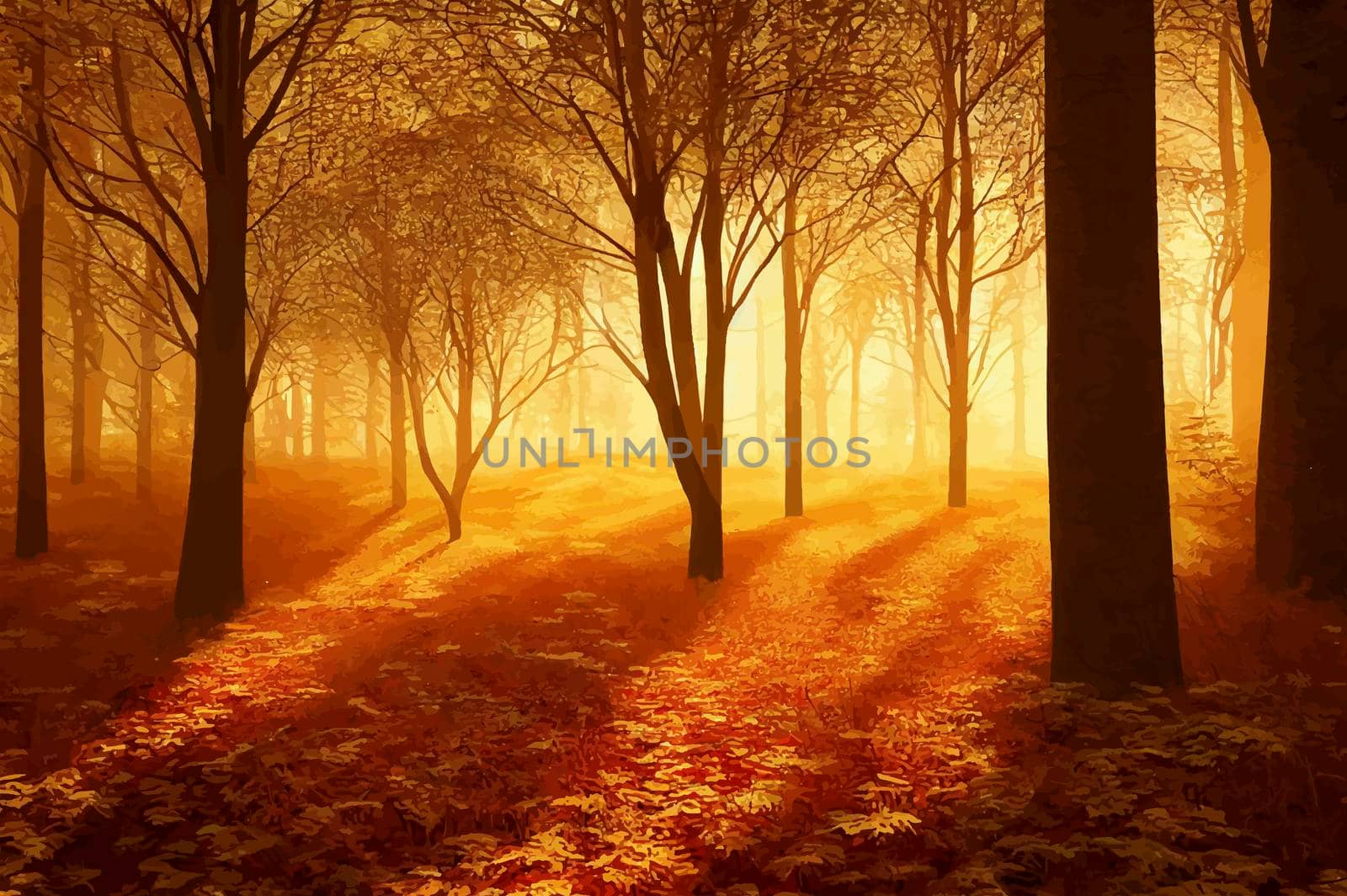 Magical autumn forest with sun rays in the evening, gold sunlight, orange foliage at sunset. Fairy forest in autumn by JpRamos