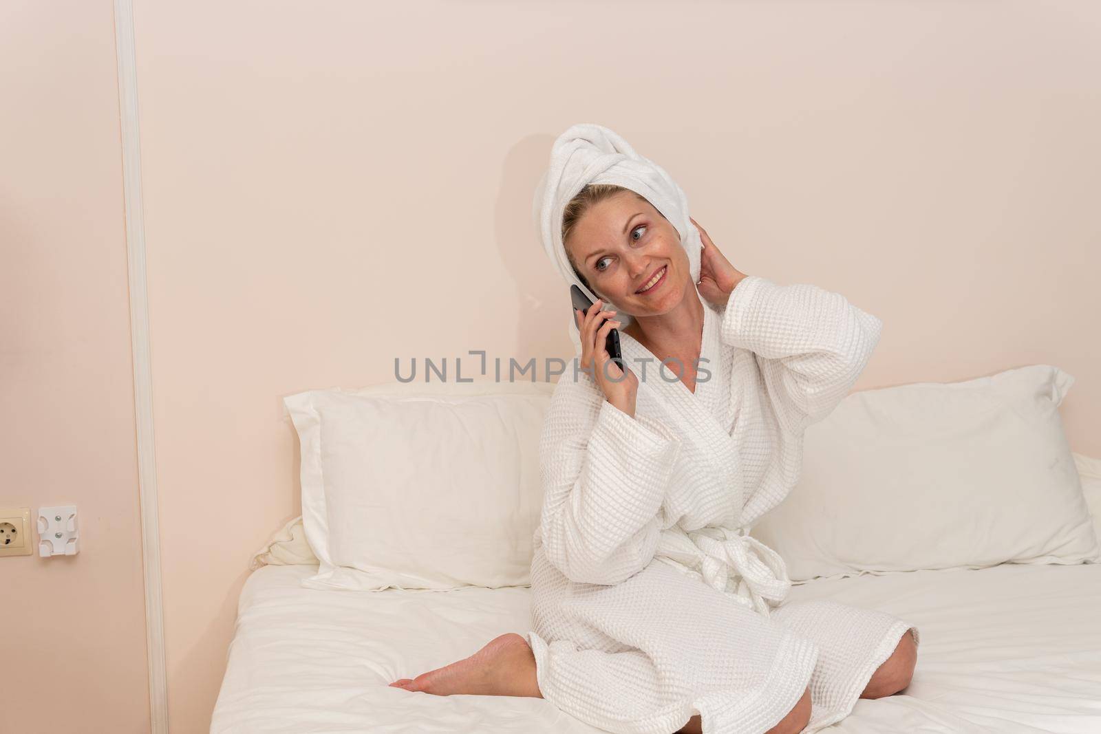Cell female bed beauty copyspace spa bathrobe care bathroom untying, from preparing young for relax and beautiful skin, lifestyle dressing. Hygiene therapy american, by 89167702191