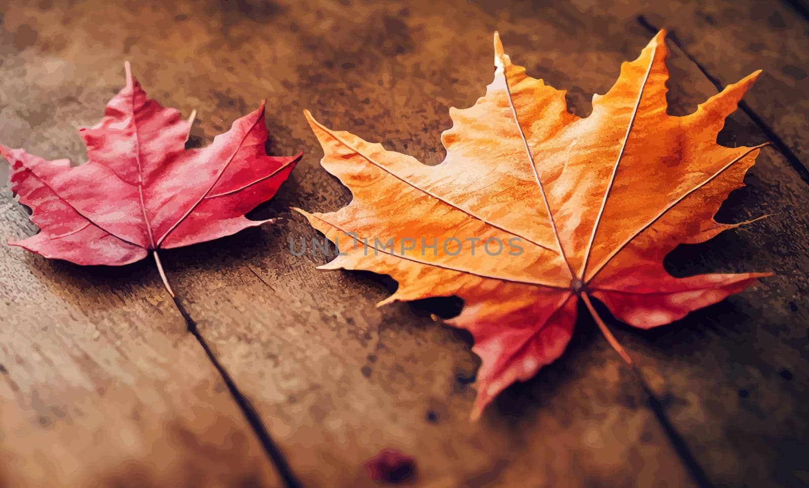 Fall maple leaf on wooden table, background texture.