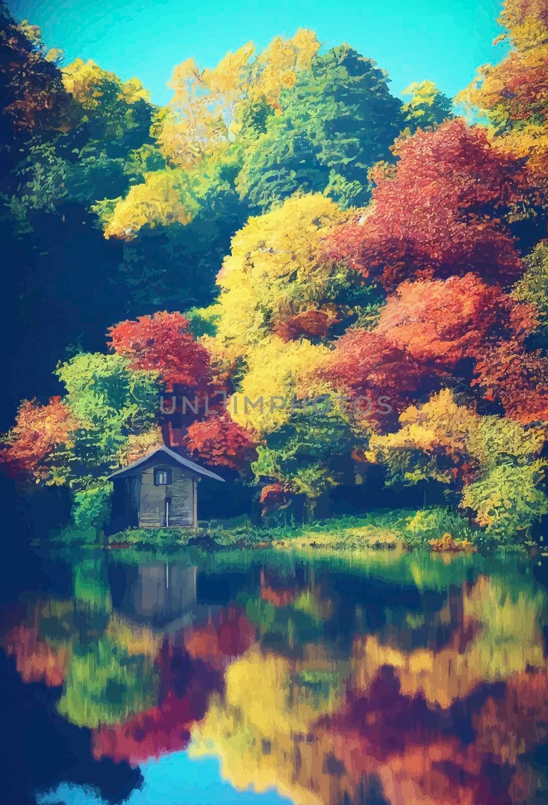 cabin in the woods by the lake, forest in autumn by JpRamos