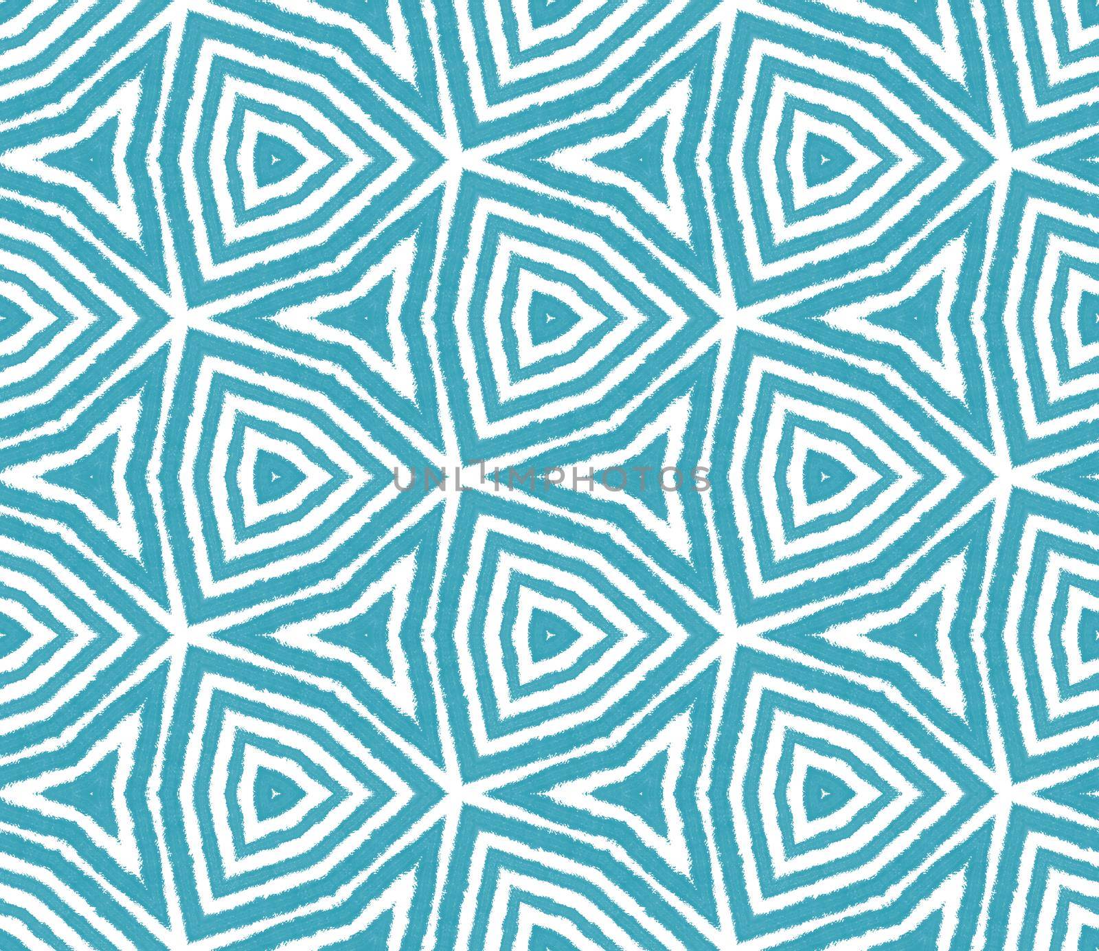 Striped hand drawn pattern. Turquoise symmetrical kaleidoscope background. Repeating striped hand drawn tile. Textile ready lovely print, swimwear fabric, wallpaper, wrapping.