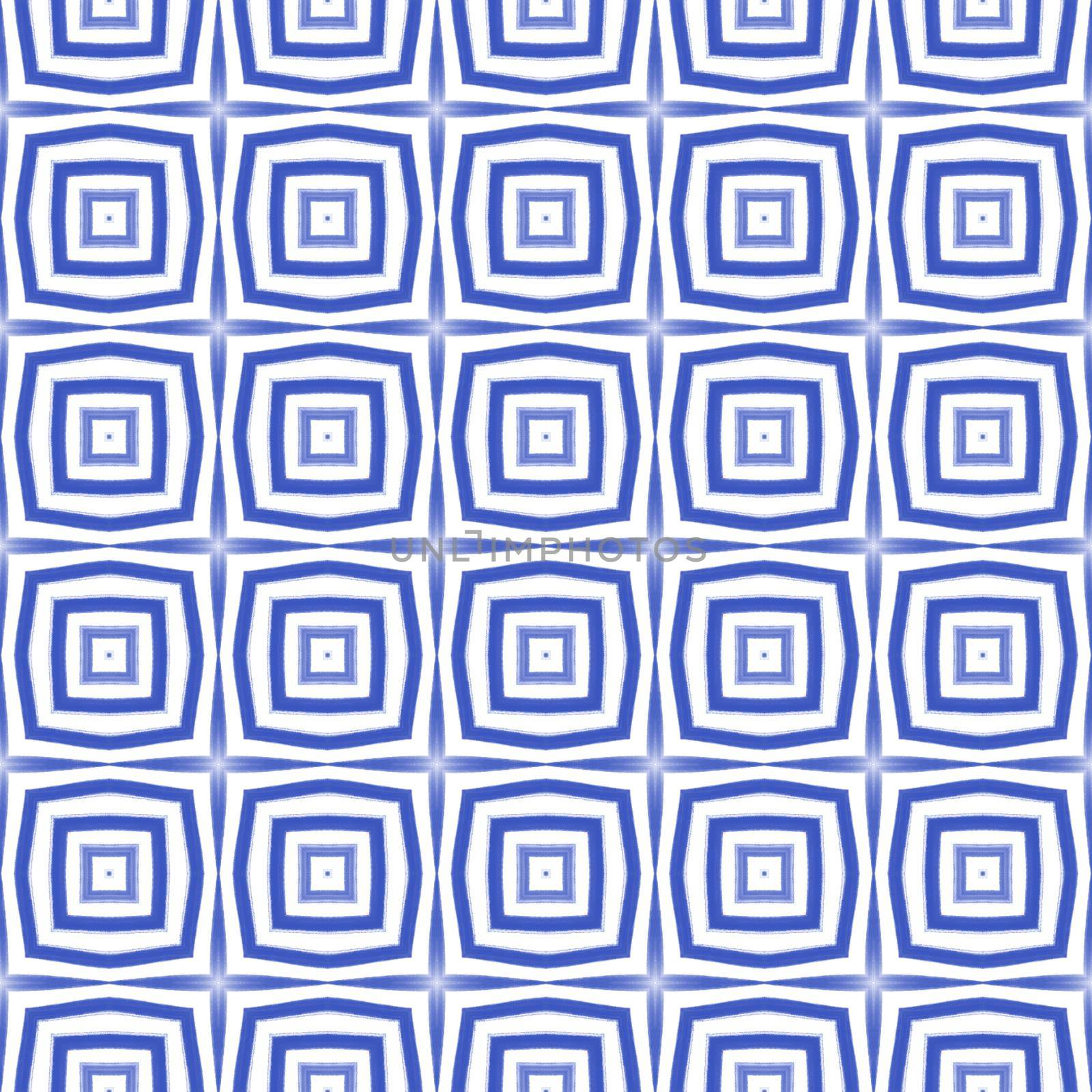 Ikat repeating swimwear design. Indigo symmetrical kaleidoscope background. Summer ikat sweamwear pattern. Textile ready brilliant print, swimwear fabric, wallpaper, wrapping.