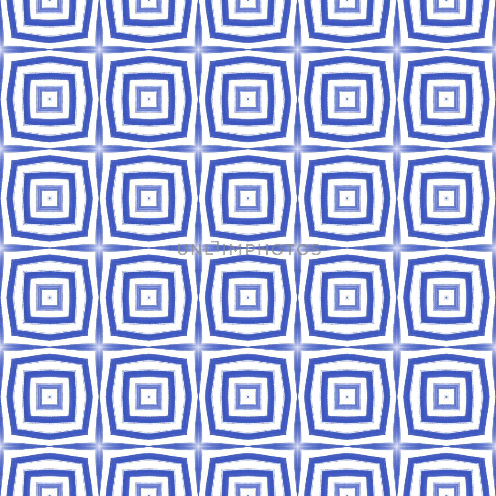 Ikat repeating swimwear design. Indigo symmetrical kaleidoscope background. Summer ikat sweamwear pattern. Textile ready brilliant print, swimwear fabric, wallpaper, wrapping.