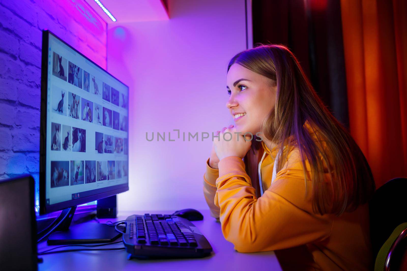 Girl freelancer looks on a computer screen at a cat. Sitting in an apartment at a computer desk