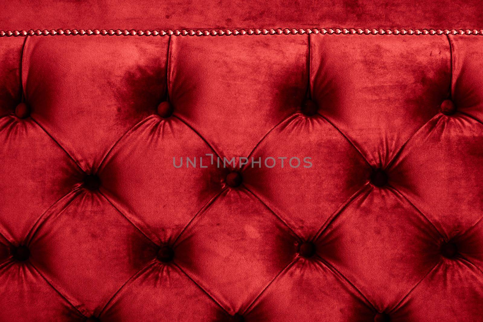 Furniture design, classic interior and royal vintage material concept - Red luxury velour quilted sofa upholstery with buttons, elegant home decor texture and background