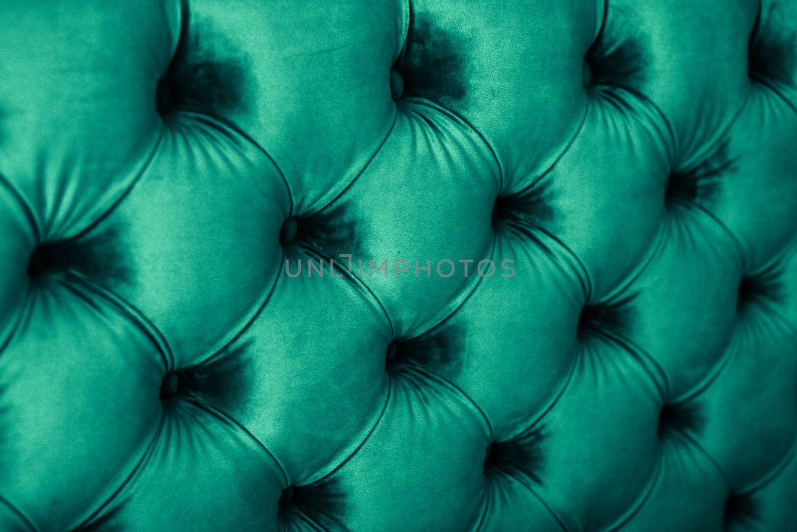 Emerald luxury velour quilted sofa upholstery with buttons, elegant green home decor texture and background by Anneleven