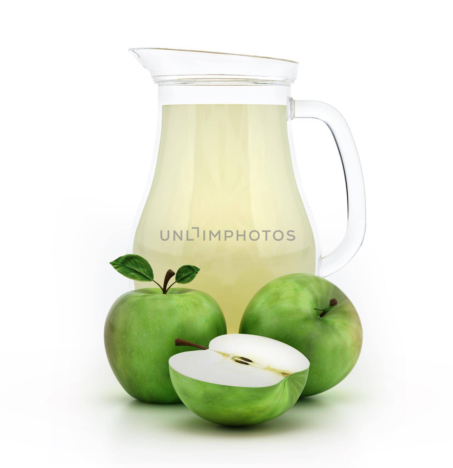 Fresh green apples and apple juice inside glass jug isolated on white background. 3D illustration.