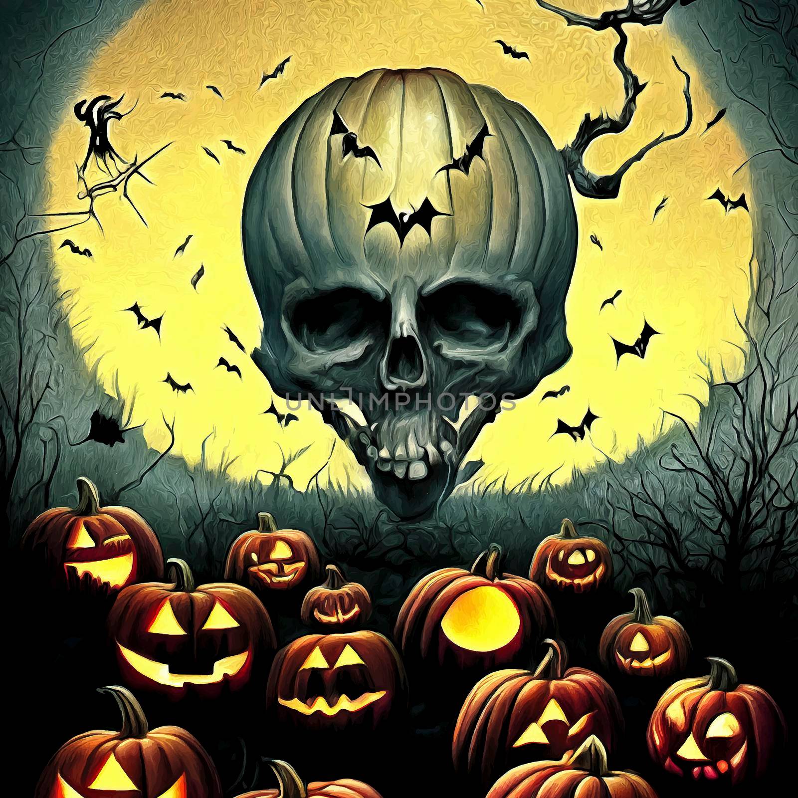 skull on halloween night with evil pumpkins. full moon in cemetery. halloween illustration. by JpRamos