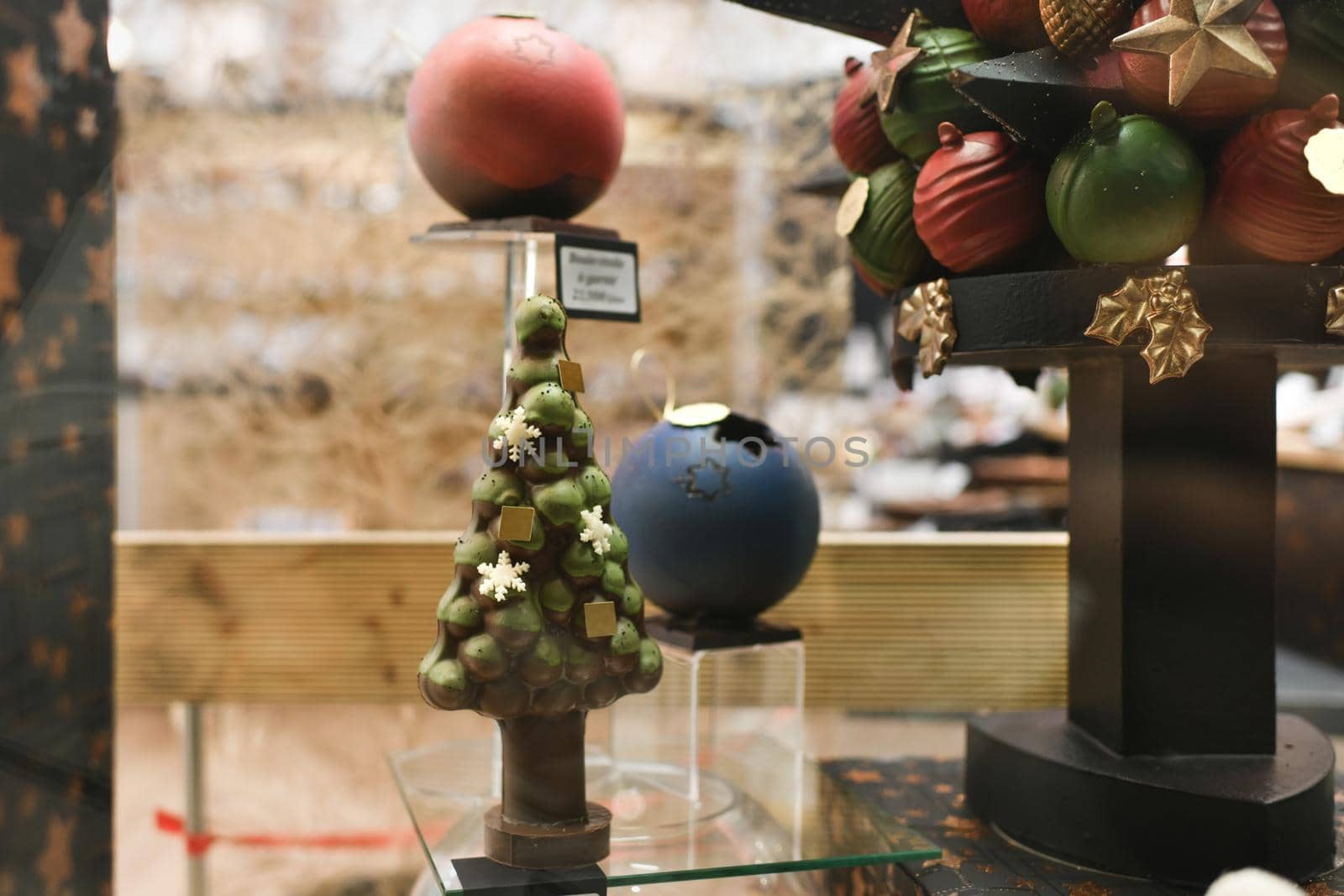 Chocolate tree in a showcase pastry shop