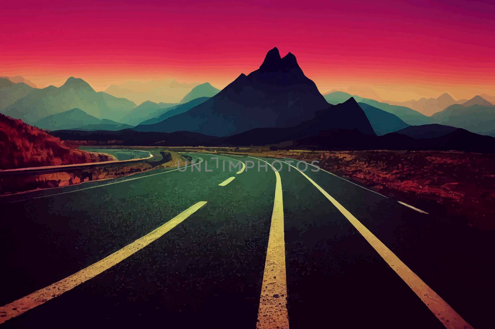 road route with mountains in front and sunset in background. road illustration. road wallpaper.