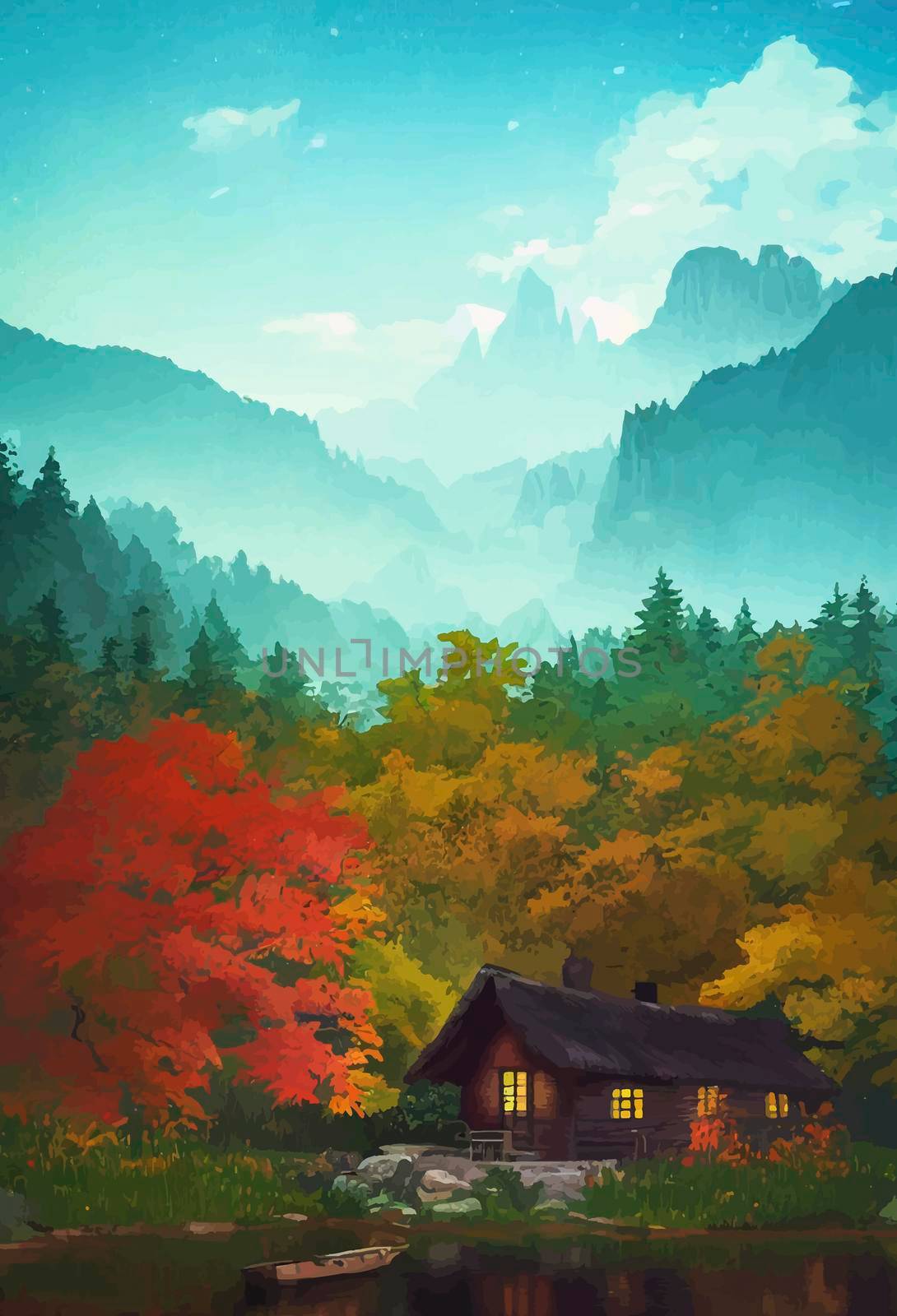 cabin in the woods by the lake, forest in autumn.