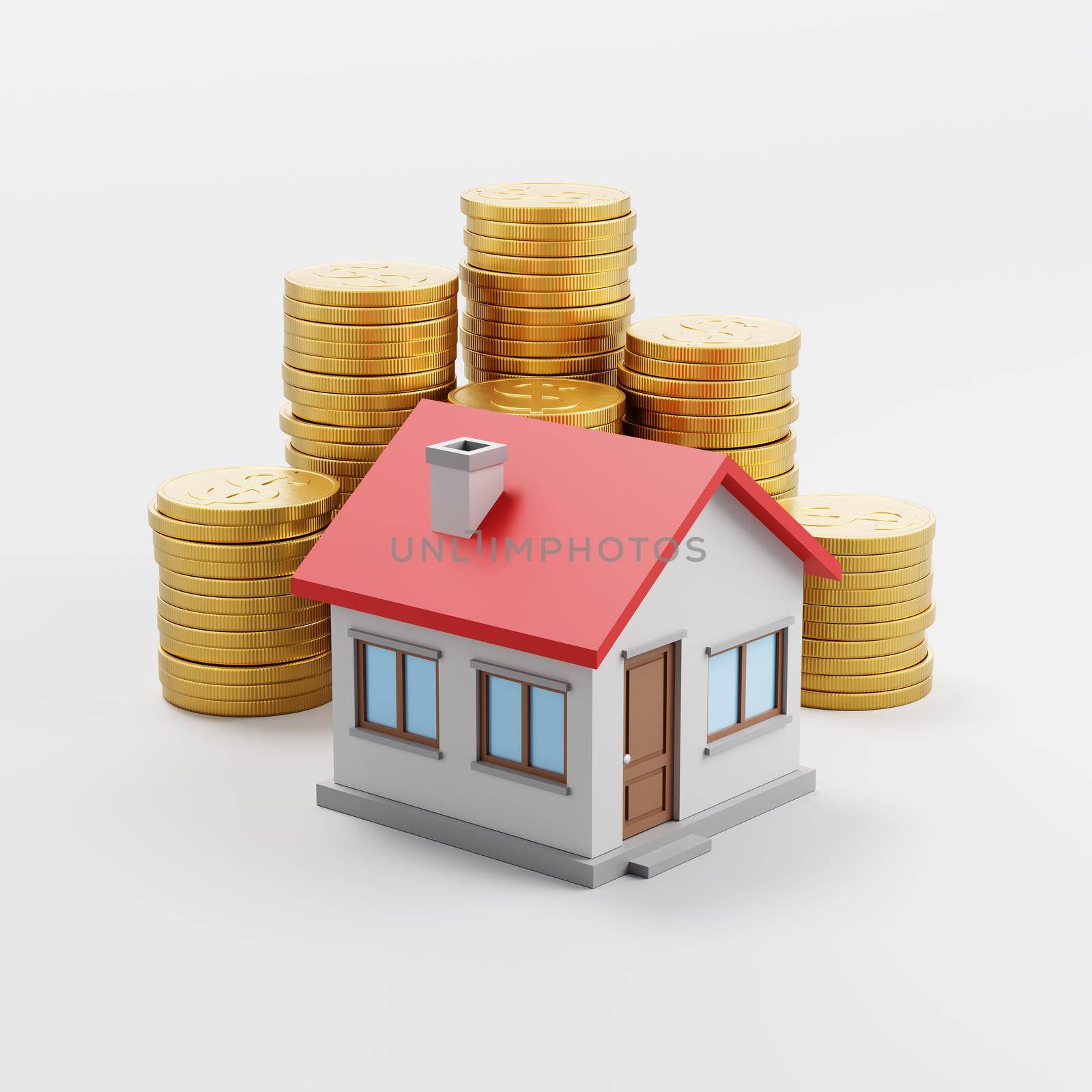 House ahead of Stacks of Coins on Light Gray Background by make