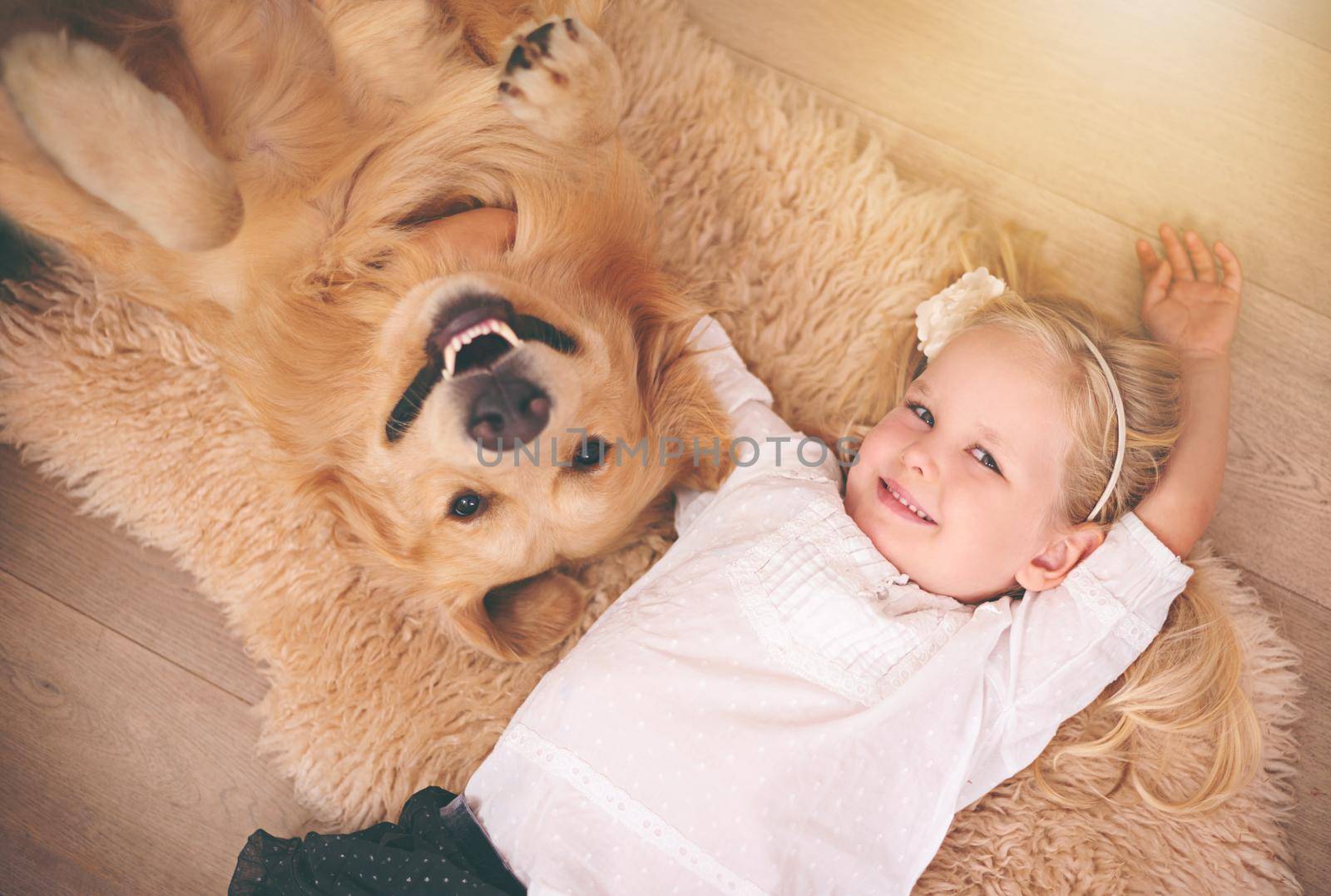 The best friend you can get. An adorable little girl with her dog at home