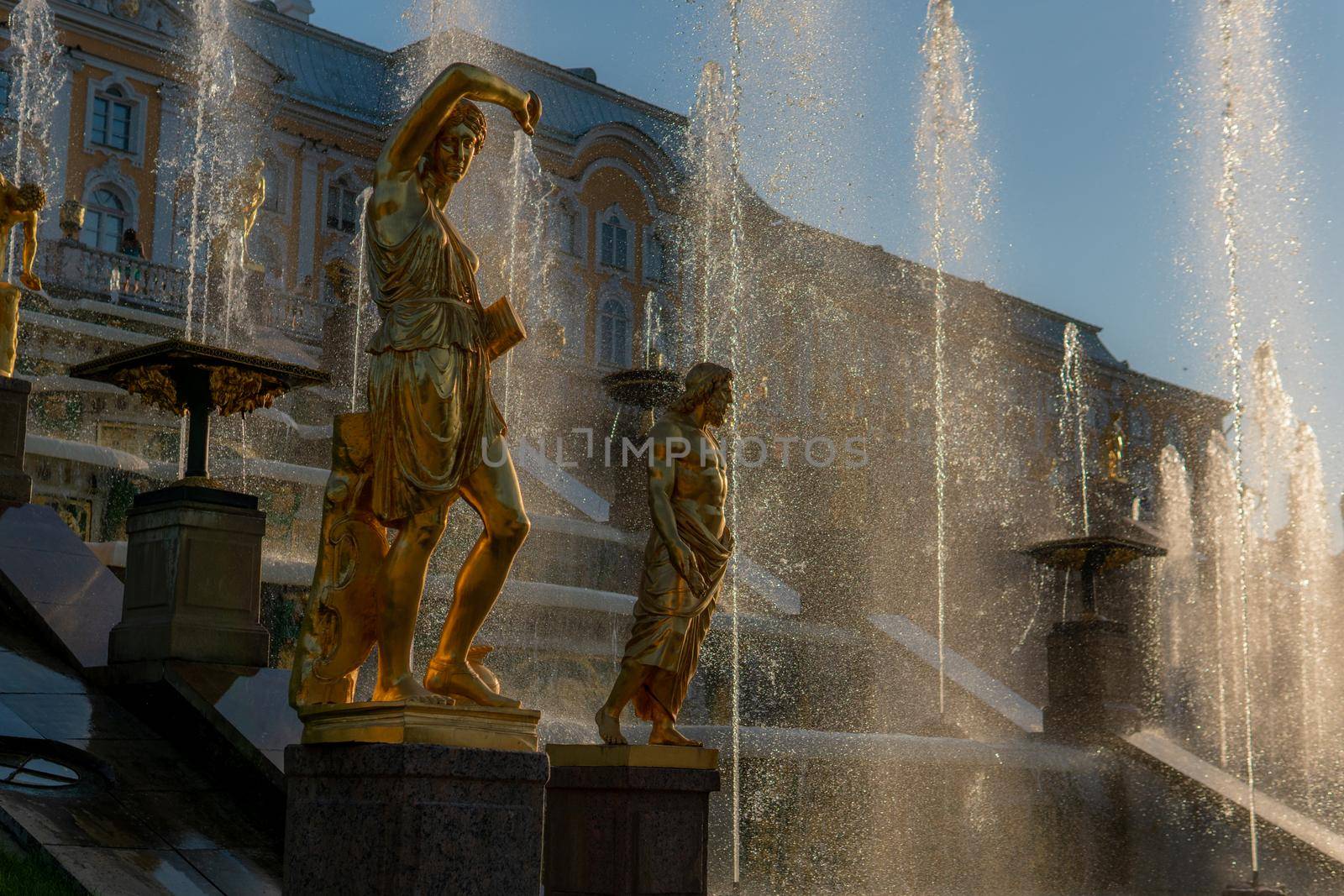 RUSSIA, PETERSBURG - AUG 19, 2022: fountain petersburg russia palace peterhof grand st heritage golden, for baroque park for gold from peter sky, dome cross. Flow waterfall luxury,
