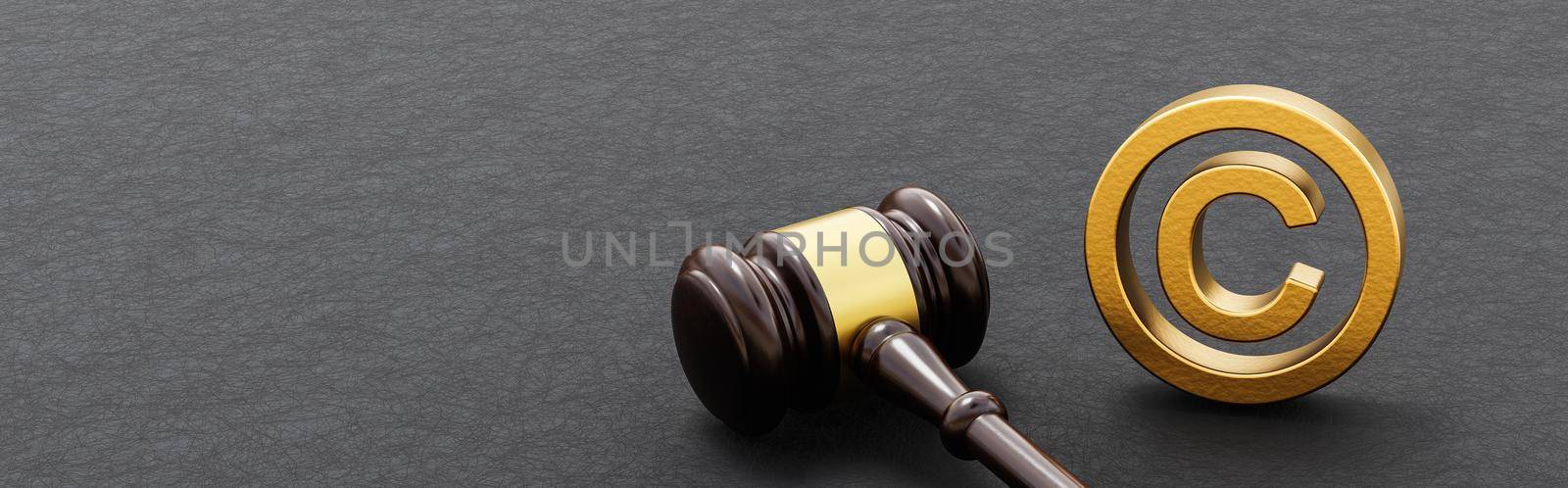 Judge's Gavel on Dark Background with Golden Copyright Symbol Shape with Copy Space 3D Render Illustration