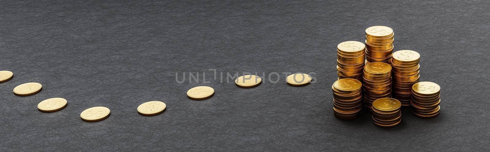 Money Path to Stacks of Coins on Dark Background with Copy Space 3D Render Illustration, Savings Money Concept