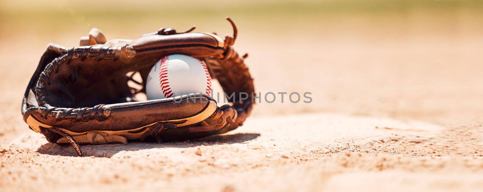 Baseball field, softball and ball, glove and base plate on pitch ground, field and turf outdoors for competition, game or match. Background for sports homerun, strike and training contest equipment by YuriArcurs