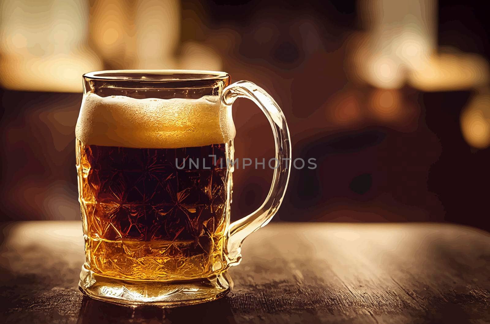 illustration of a mug of cold beer on a wooden table.