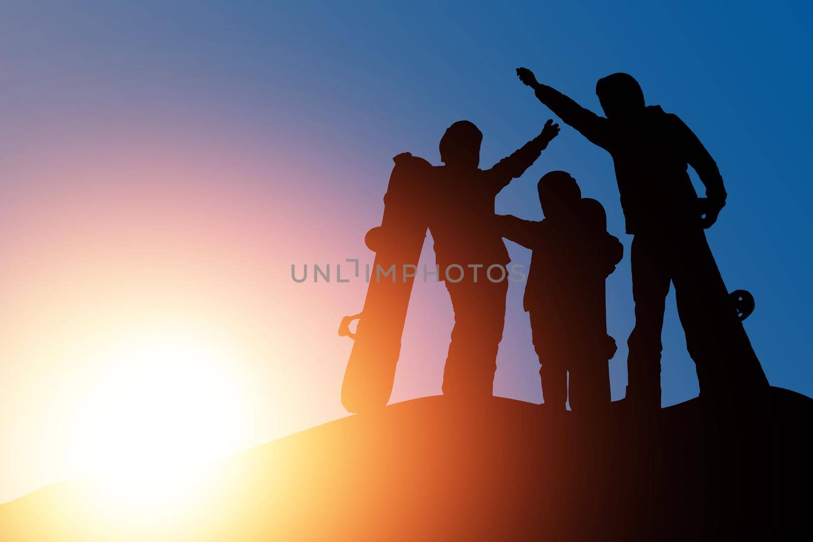 Sunset silhouettes family snowboard, vacation by Andelov13