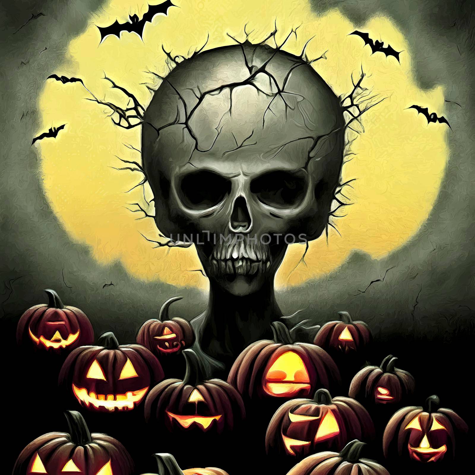 skull on halloween night with evil pumpkins. full moon in cemetery. halloween illustration