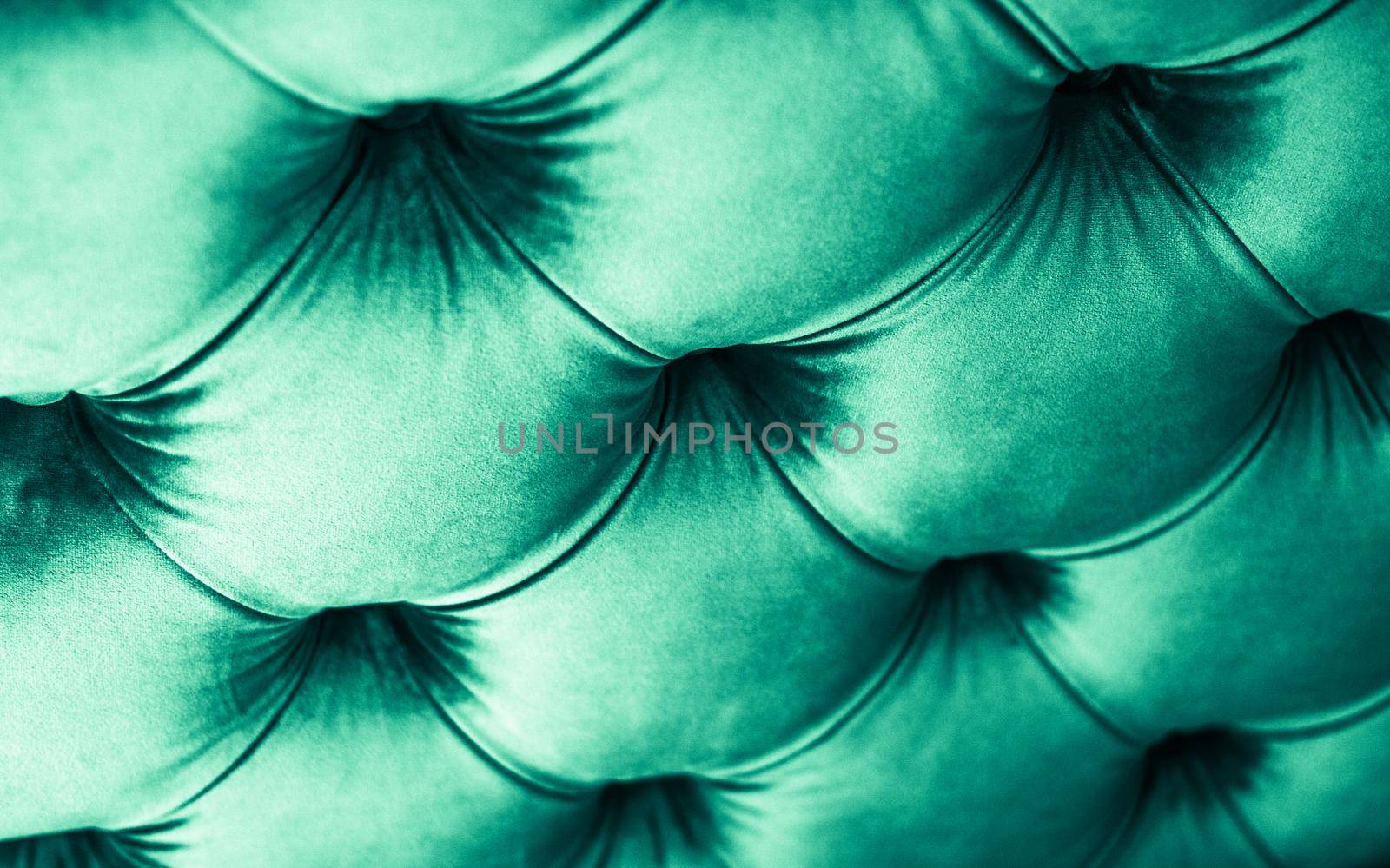 Emerald luxury velour quilted sofa upholstery with buttons, elegant green home decor texture and background by Anneleven