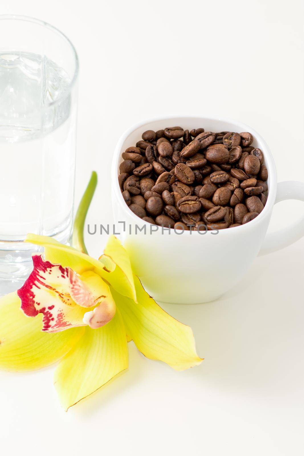 Cup of coffee beans and glass of water with yellow orchid flower against a white background. by okskukuruza