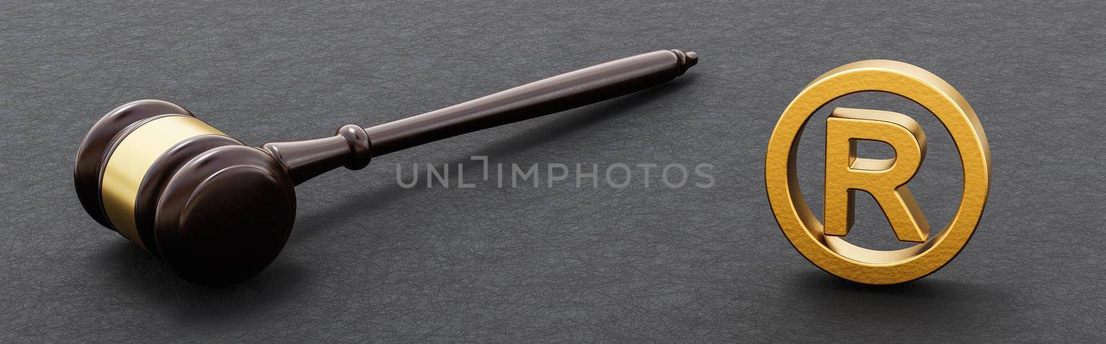 Judge's Gavel on Black Background with Golden Trademark Symbol Shape with Copy Space 3D Render Illustration