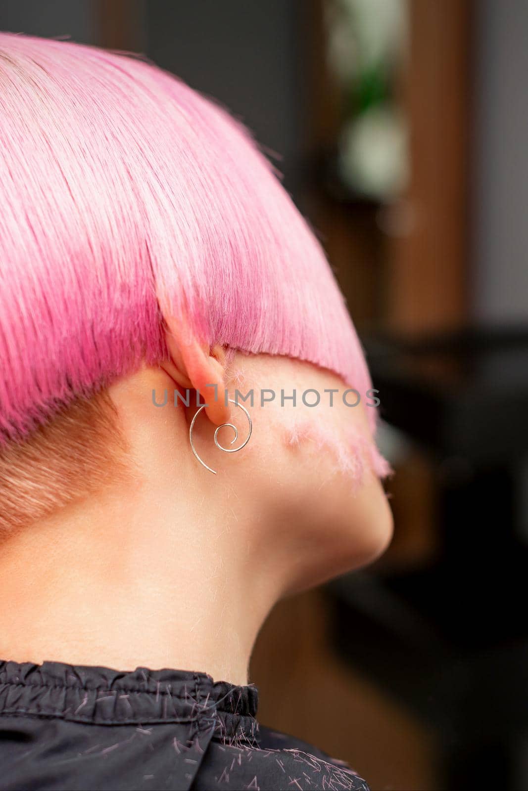 Styling and cutting dyed pink hair of young model back view in a hairdressing salon. Pink short hairstyle