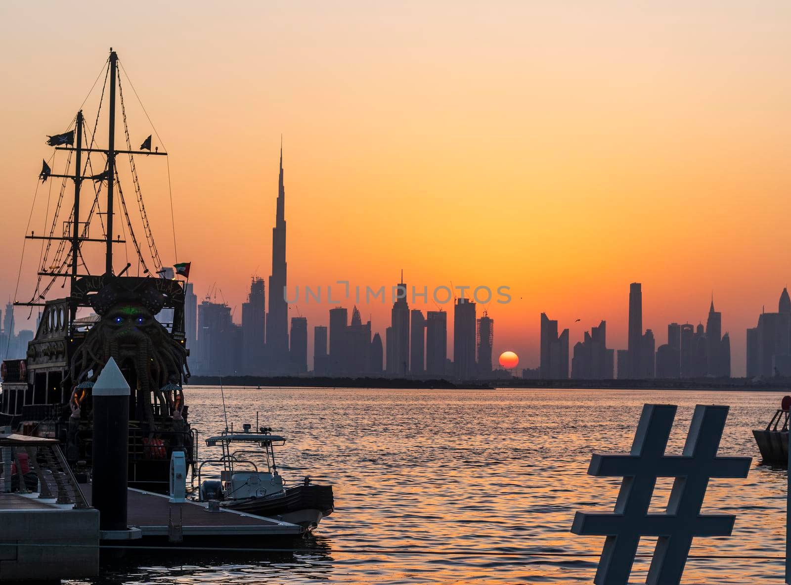 Dubai, UAE - 09.18.2021 View of Dubai skyline, shot made from Dubai creek harbor