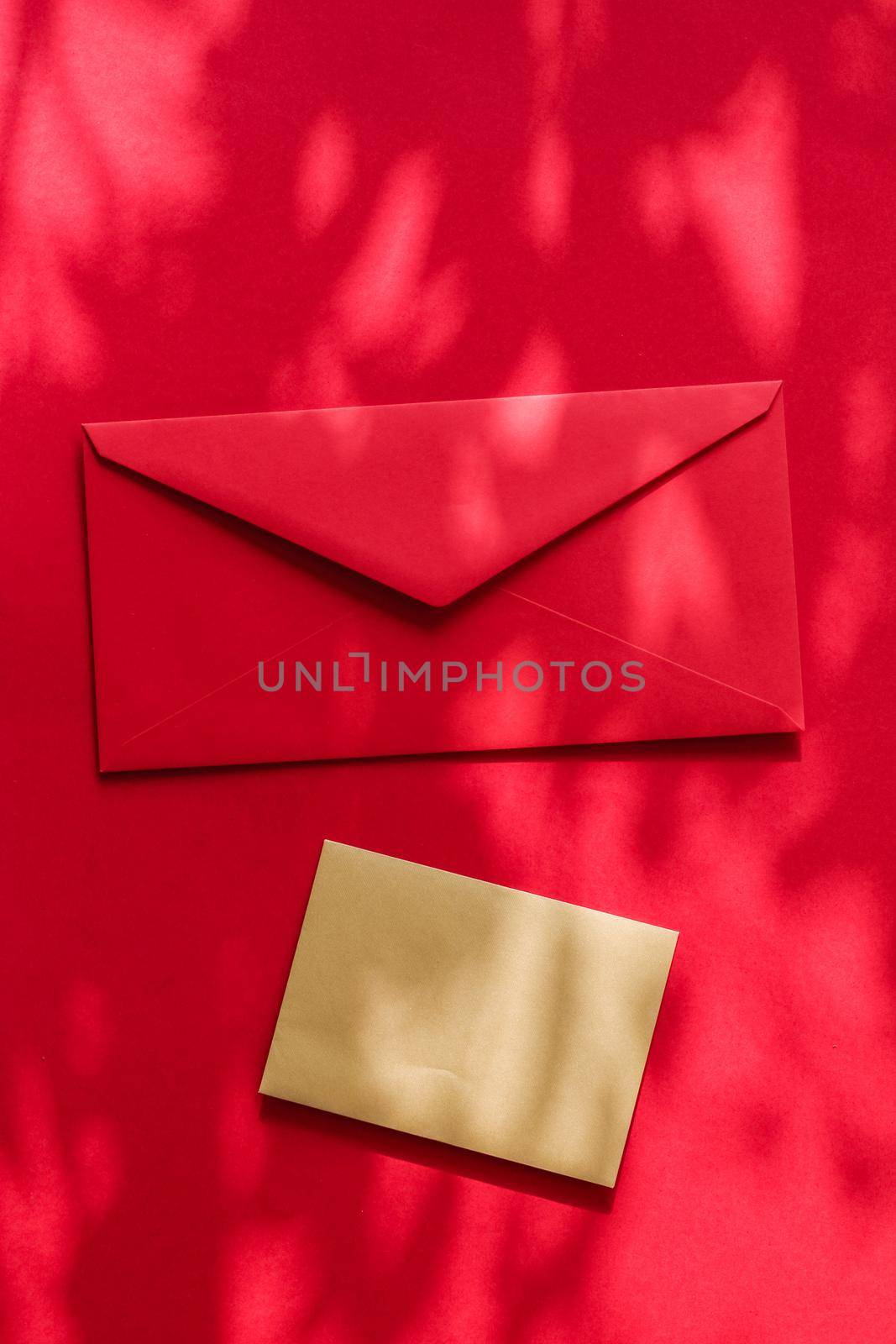 Holiday marketing, business kit and email newsletter concept - Beauty brand identity as flatlay mockup design, business card and letter for online luxury branding on red shadow background