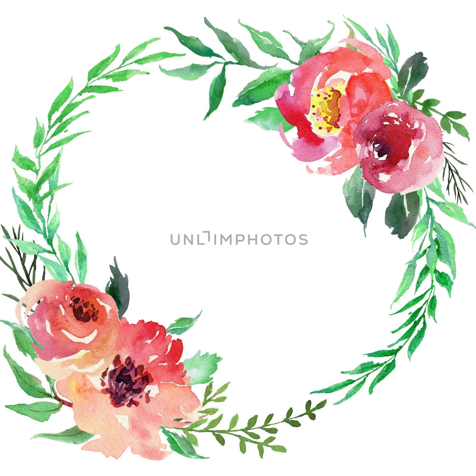 Watercolor colorful circular wreath with summer flowers and center white copy space for your text by ANITA
