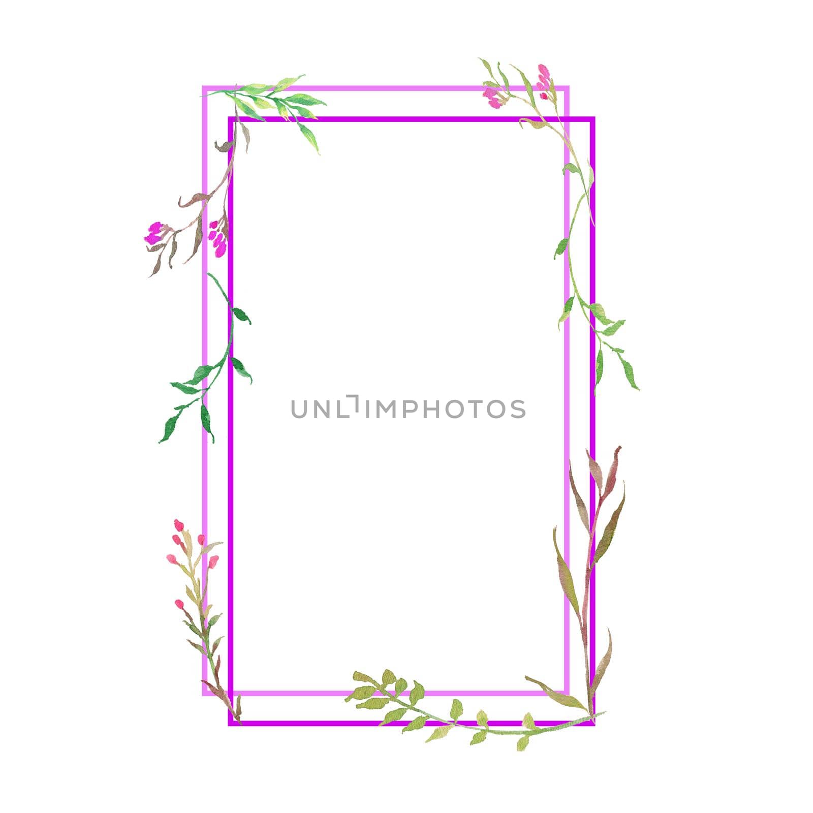 Watercolor wreath of purple creeper flowers and green leaves. watercolor with square frame isolated on white background