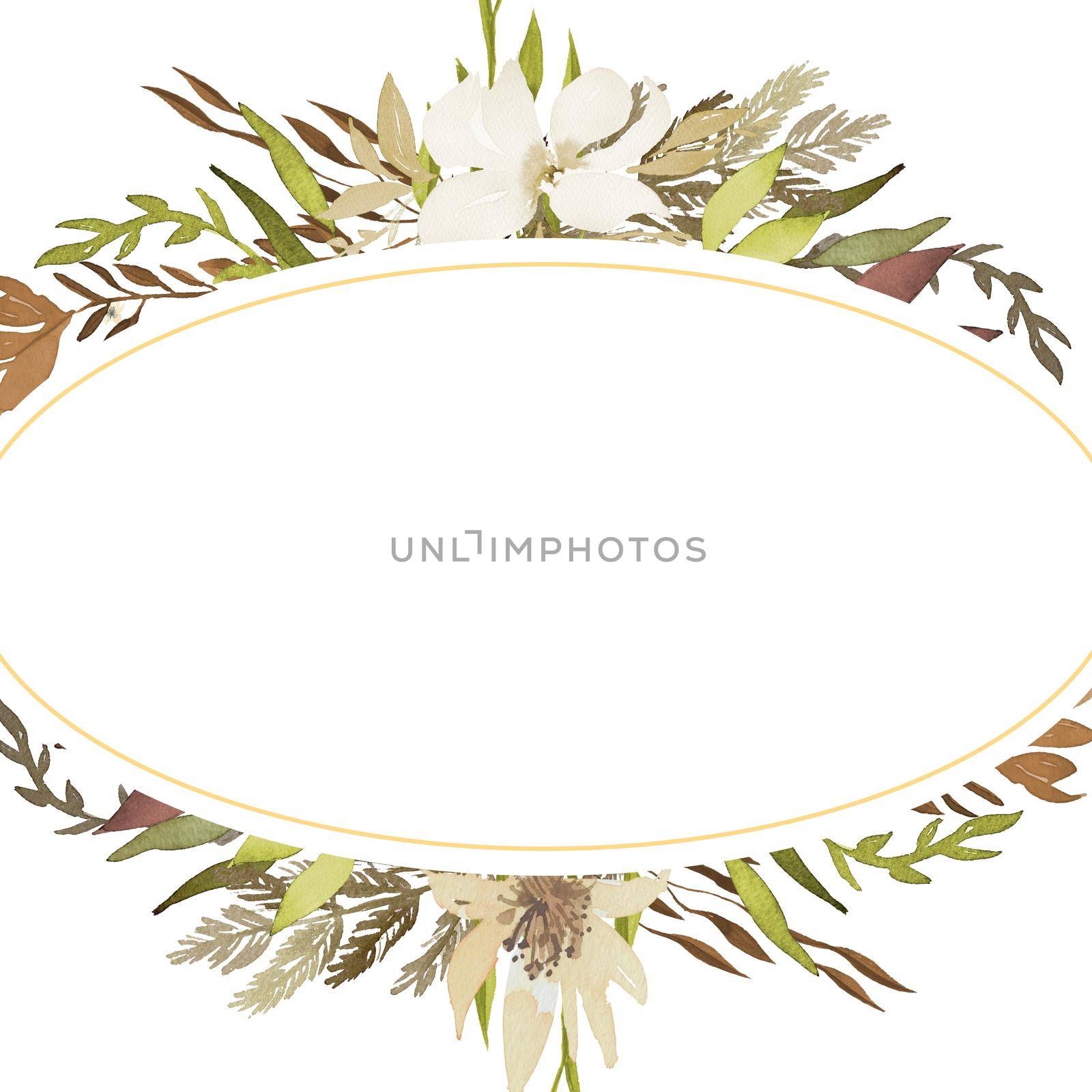 watercolor flower frame oval. Green, light and white, rose flower design round invitation frame. illustrator