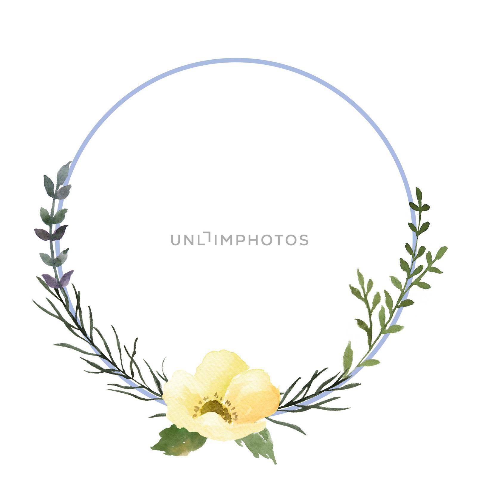 watercolor flower frame circle. Card with circular flowers and leaves. Wedding ornament concept. Decorative greeting card layout or invitation design background