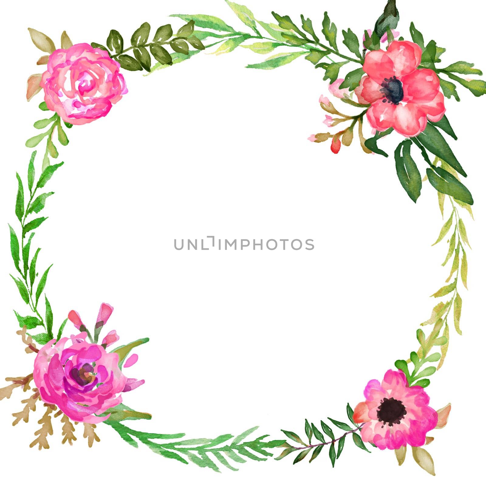 watercolor flower frame circle. Wreath with flowering branches. botanical illustration. by ANITA