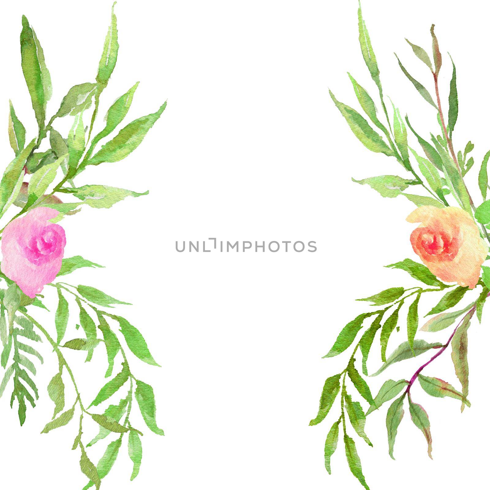 watercolor flower frame. Wreath, leaves and branches frame for your text on a white background.