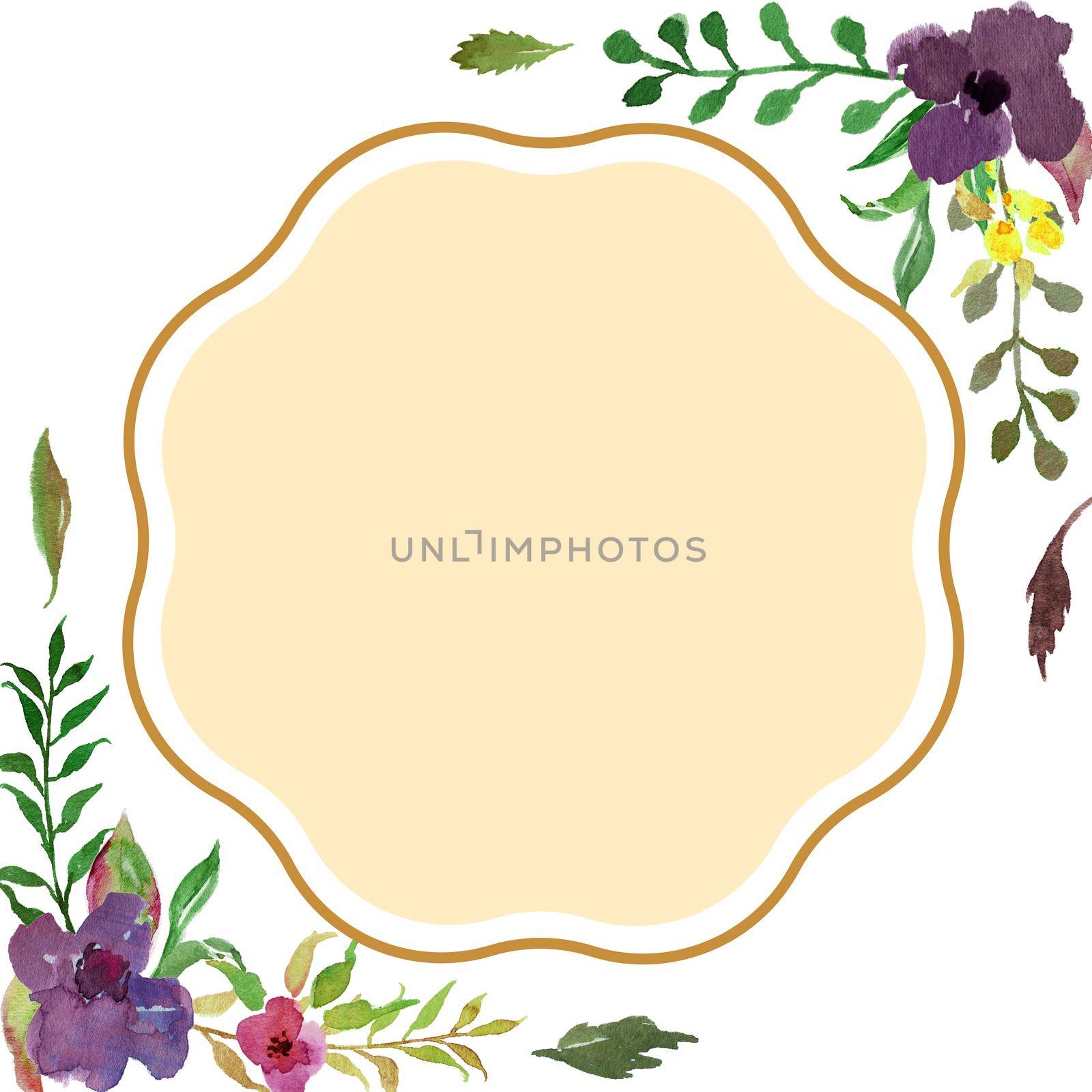 watercolor flower frame circle. Purple wreath with green leaves. Border frame with space, on a white background