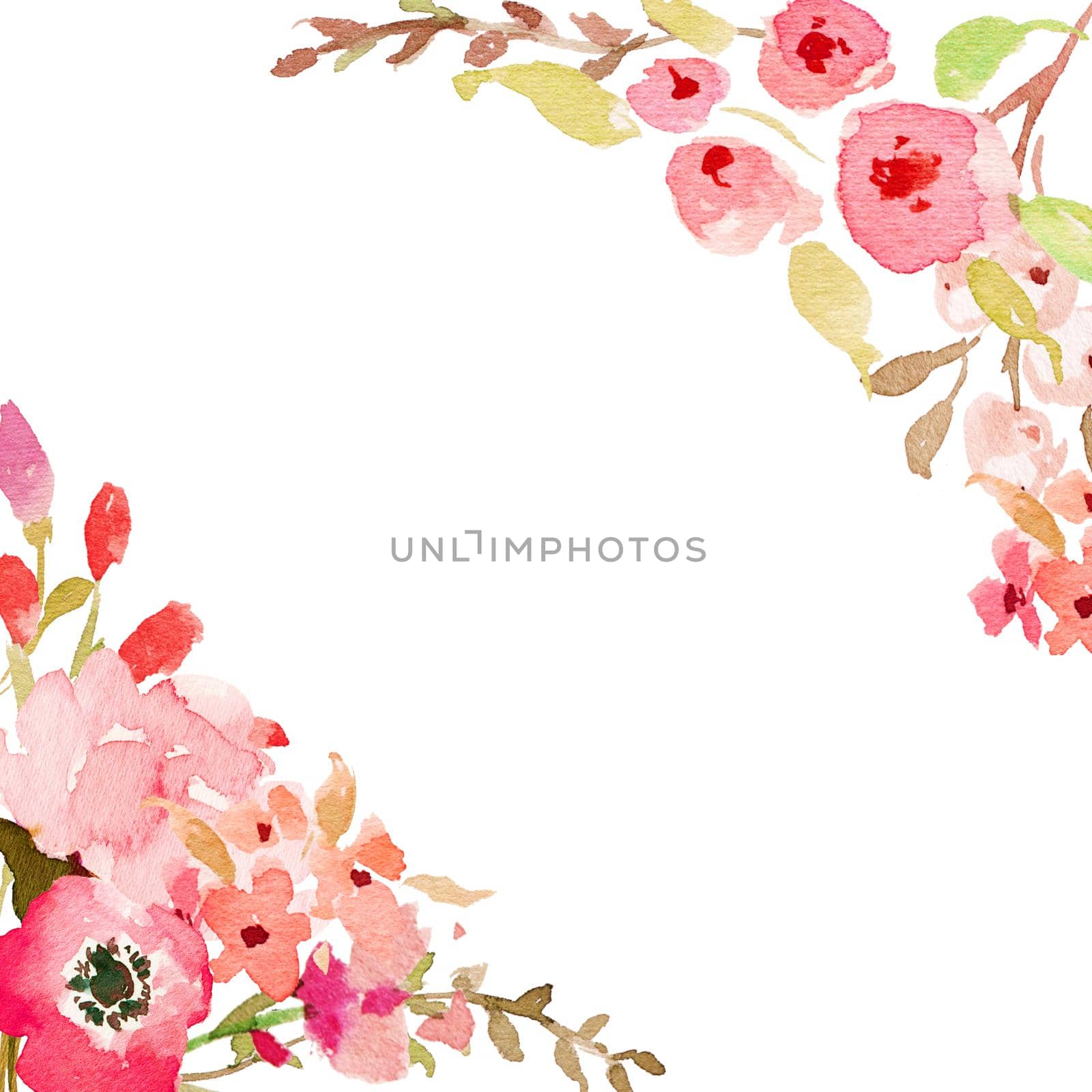 watercolor flower frame backgrounds. Watercolor floral greeting card. White background with beautiful pink flowers