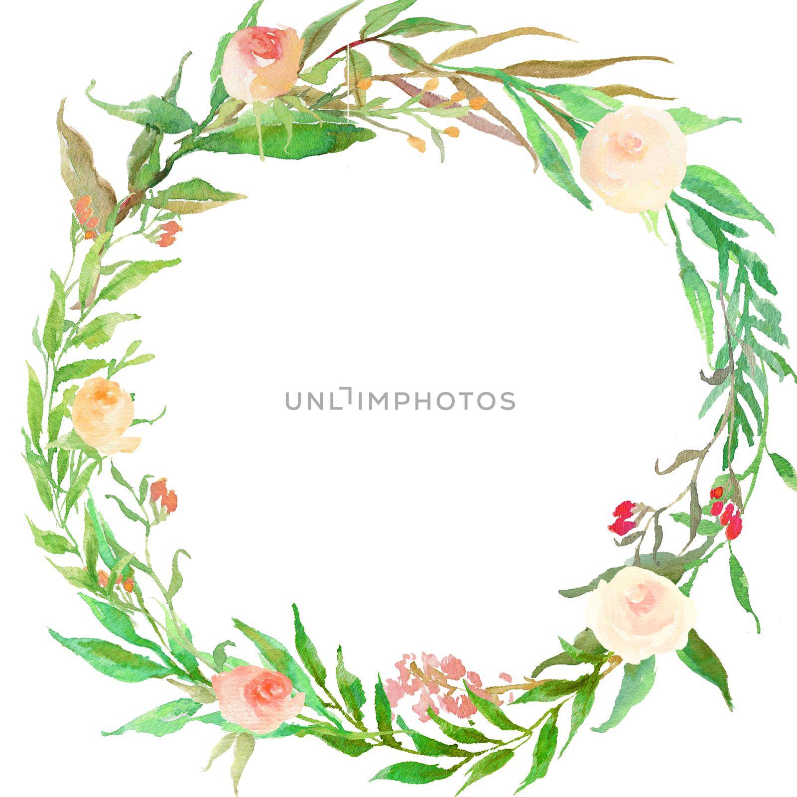 Circle style wreath, illustration in watercolor style. Romantic design. by ANITA