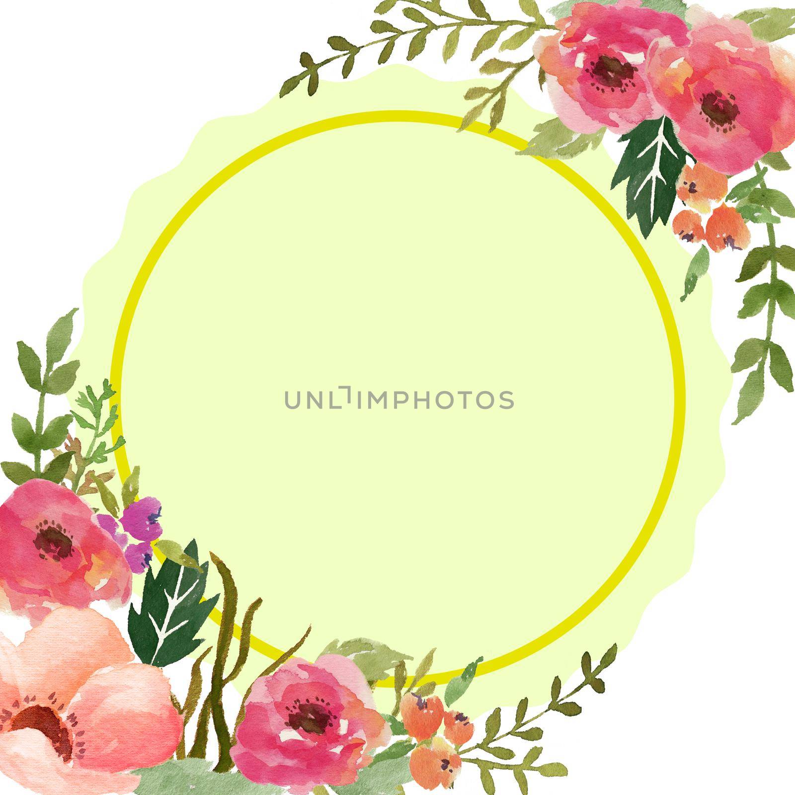 watercolor flower frame circle. Flower circle design card. Wedding cartoon. Simple background. All elements are isolated by ANITA