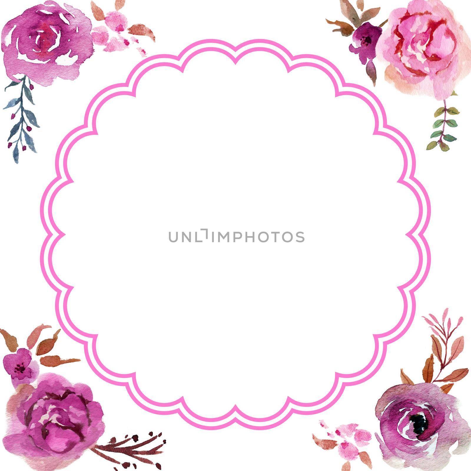 watercolor flower frame circle. Flower design card. Wedding card on simple background with round concept. All elements are isolated