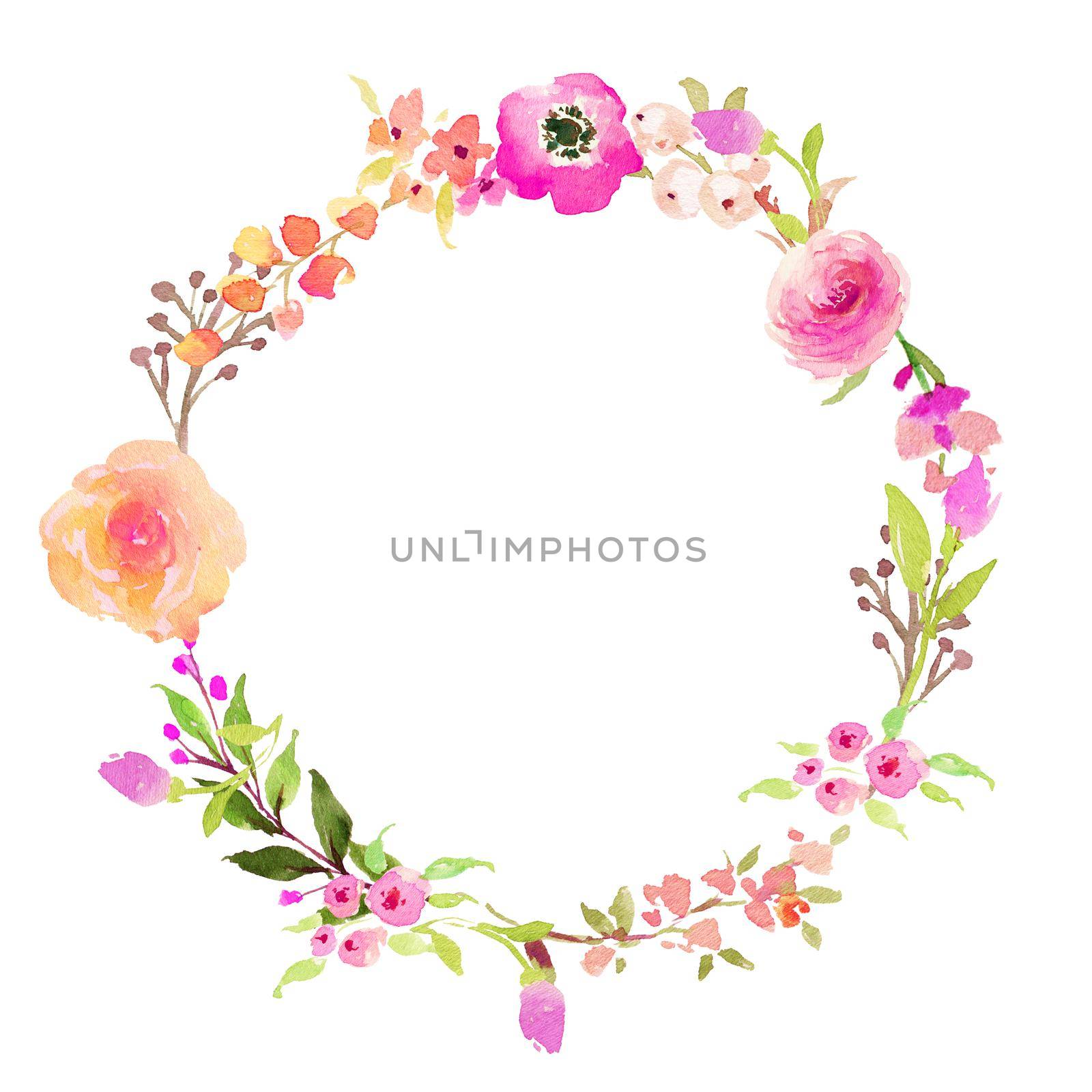 watercolor flower frame circle. wreath of flowers in watercolor style with white background by ANITA