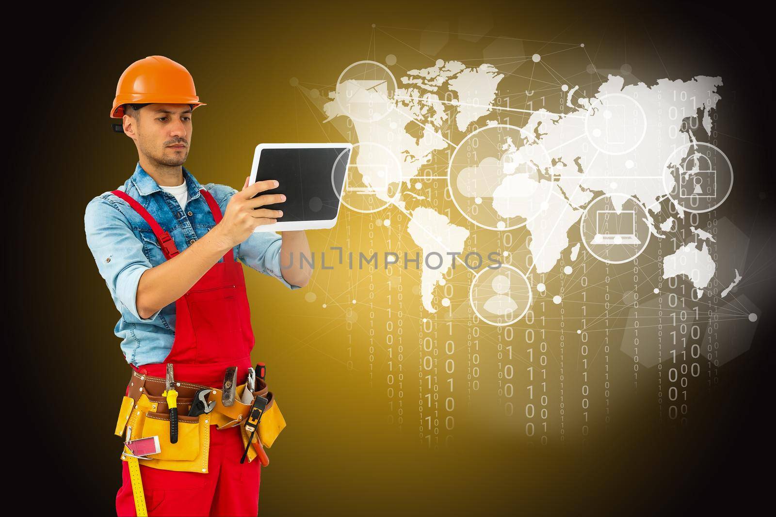 Cheerful Technician Holding tablet world map