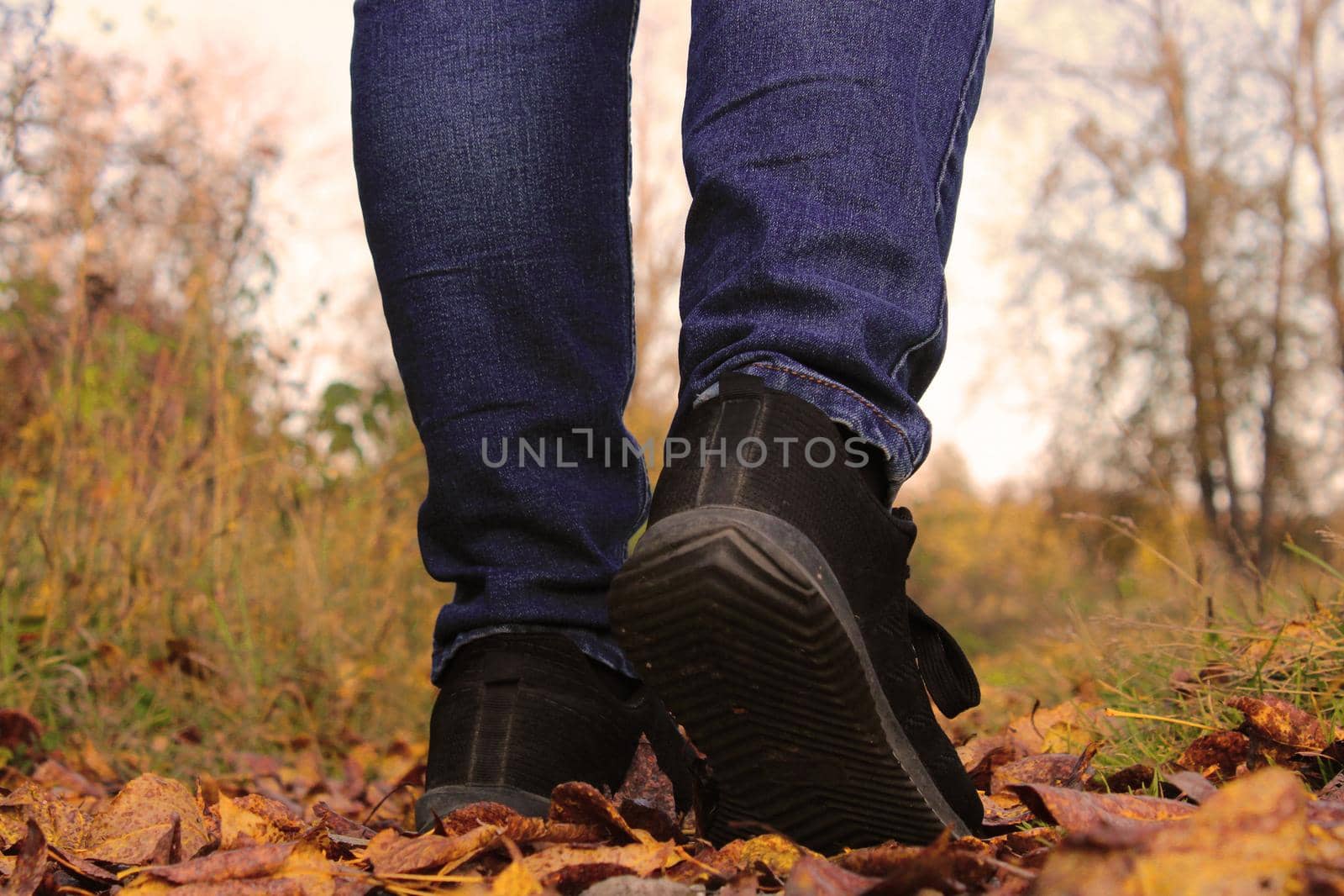 Women's legs in blue jeans and black sneakers against the background of autumn yellow-orange leaves. Back view by IronG96