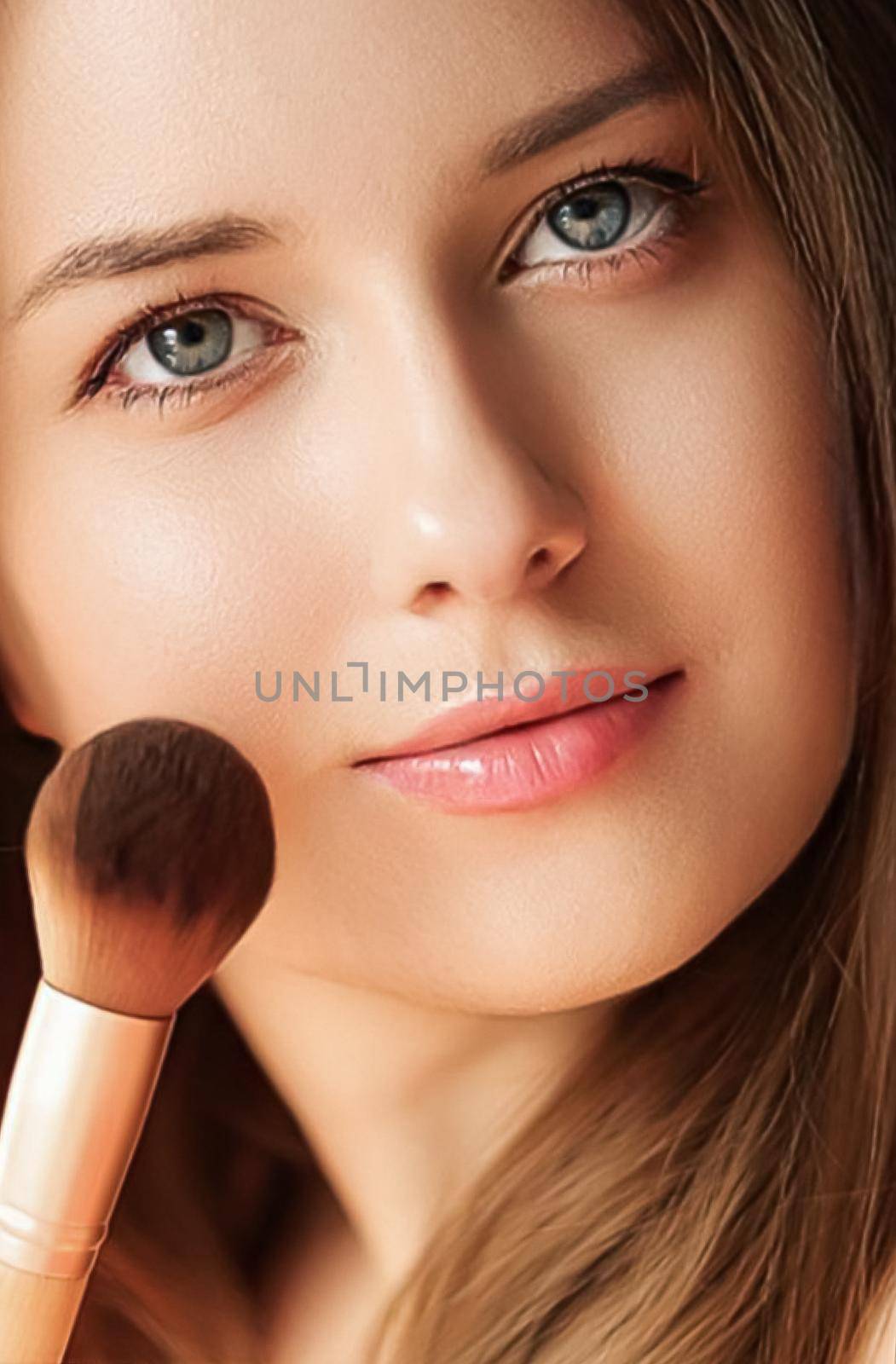 Make-up cosmetics and beauty product, beautiful woman applying cosmetic powder with organic bamboo makeup brush, face portrait by Anneleven