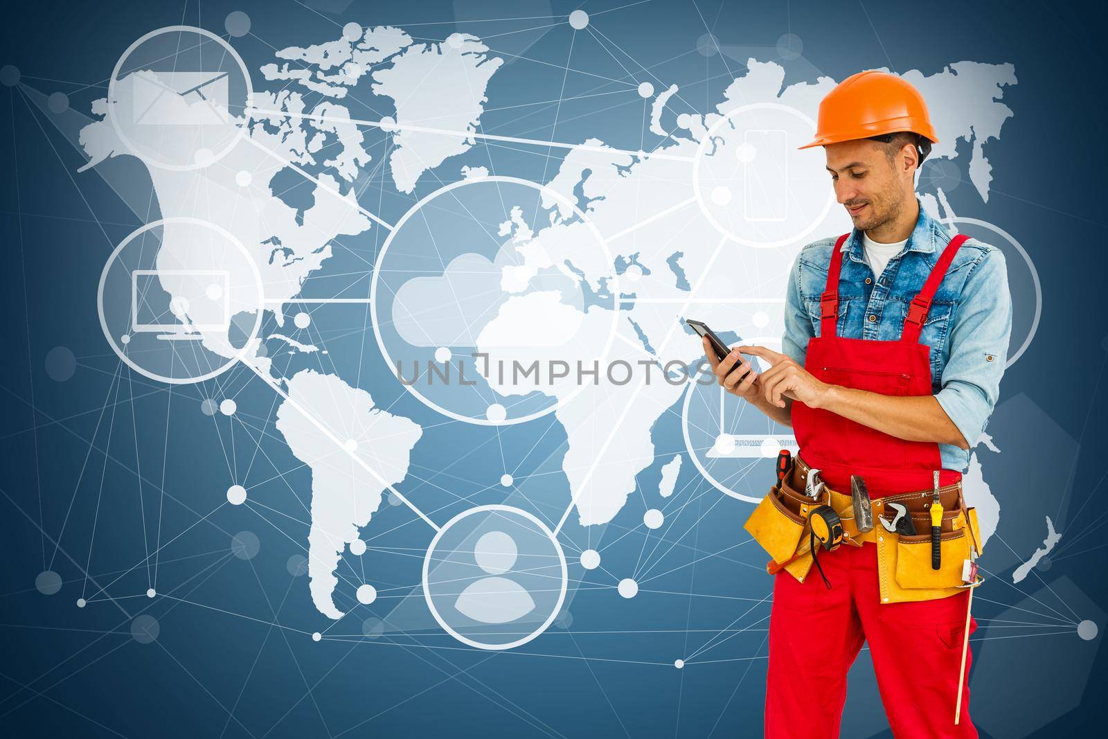 construction man phone world map