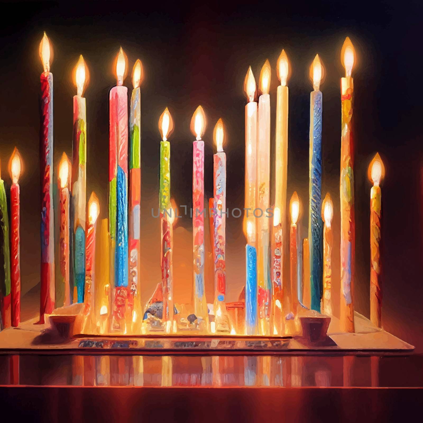 Image of jewish holiday Hanukkah background with menorah and burning candles by JpRamos